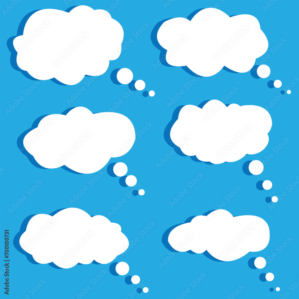 Cartoon speech or think bubble, empty communication cloud. Vector design element with blue sky background. Cartoon speech or think bubble, empty communication cloud. Vector design element with blue sky background.