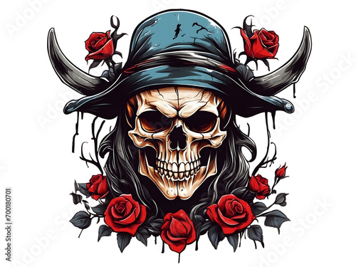illustration of pirate skull with a sword with rose for Tshirt Design, HD