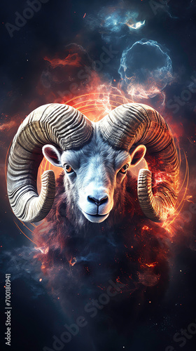a ram with horns in front of fire