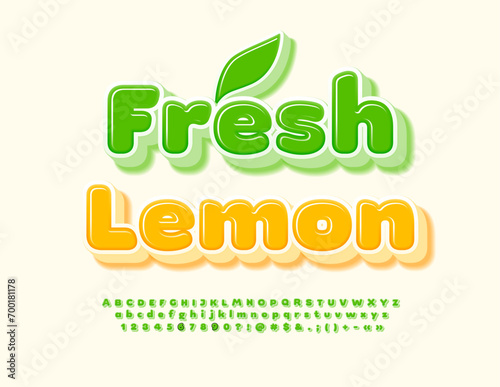 Vector delicious label Fresh Lemon. Artistic Green 3D Font. Modern Alphabet Letters, Numbers and Symbols set.