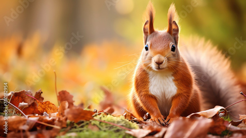 a squirrel standing on leaves