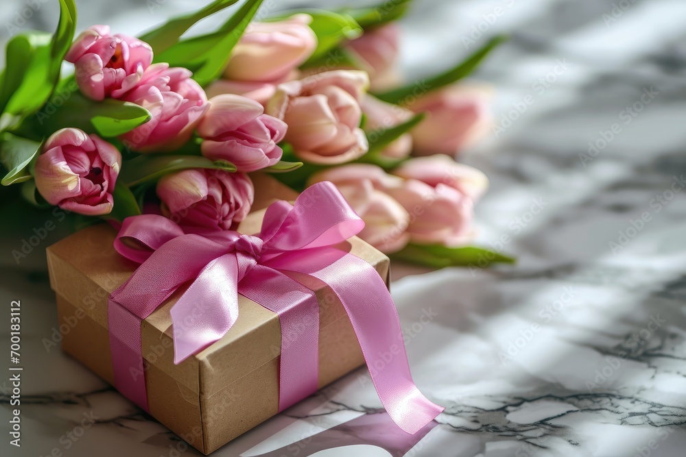gift box with a pink silk ribbon and a bouquet of pink tullips gift box with a pink silk ribbon and a bouquet of pink tullips
