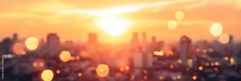 Summer sun blur golden hour hot sunset sky with city rooftop view background cityscape office building landscape blurry urban warm bright heat wave lights skyline heatwave bokeh for evening party - obrazy, fototapety, plakaty 