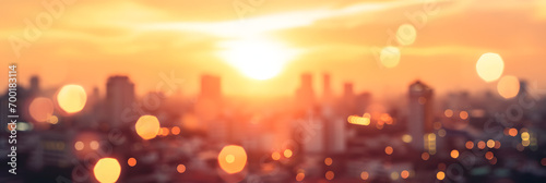 Summer sun blur golden hour hot sunset sky with city rooftop view background cityscape office building landscape blurry urban warm bright heat wave lights skyline heatwave bokeh for evening party photo