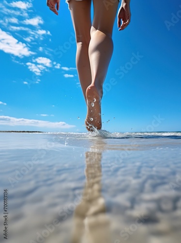  A woman walking on the white sand beach. Sandy feet walk through the shallow water. Close up shot, low angle.