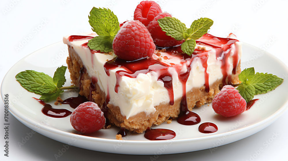 a plate of dessert with raspberries and mint a plate of dessert with raspberries and mint