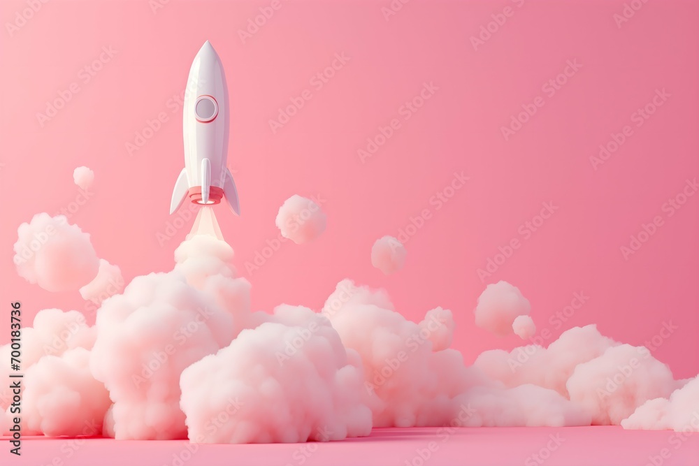 3d render minimal style rocket launching the isolated pink background, copy space for text, startup business concept. 3d render illustration.