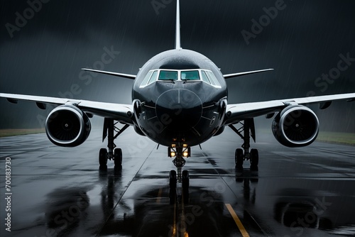 A commercial airliner is on the wet asphalt runway in the evening darkness, with road lighting illuminating the surroundings as the airplane prepares to take off into the night sky.