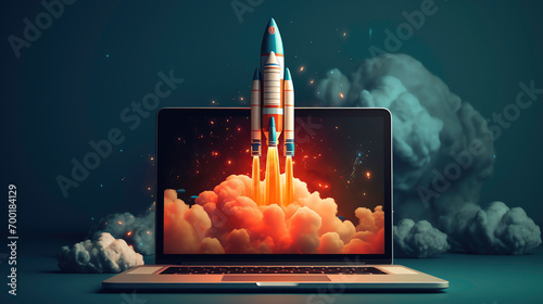 a rocket taking off from a laptop photo