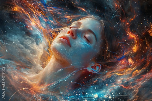 Women face and head psychedelic cosciousness in mental health, dreamer young woman face with galaxy universe space inside head. photo