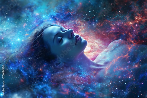 Women face and head psychedelic cosciousness in mental health, dreamer young woman face with galaxy universe space inside head. photo