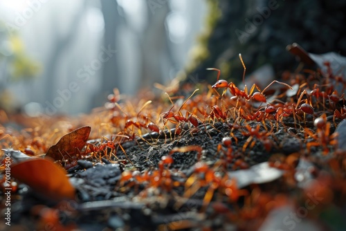 macro shot of a colony of red fire ants in the forest photo