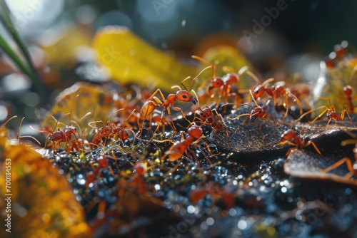 macro shot of a colony of red fire ants in the forest photo