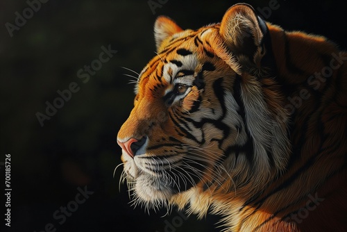 Close up Upper body of a muscular big tiger isolated on black blur background. © E l i z a