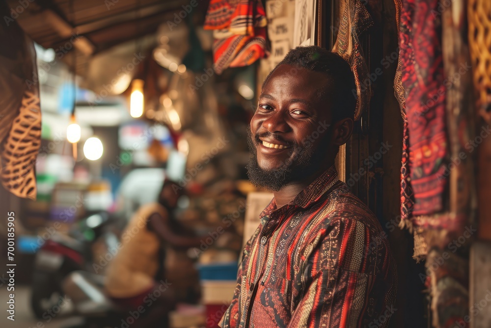Portrait of happy african man seller who is standing on his workplace in market, 