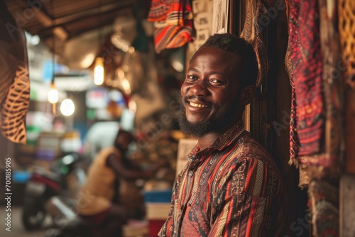 Portrait of happy african man seller who is standing on his workplace in market,  photo