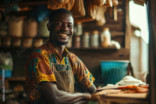 Portrait of happy african man seller who is standing on his workplace in market,  © Jiwa_Visual