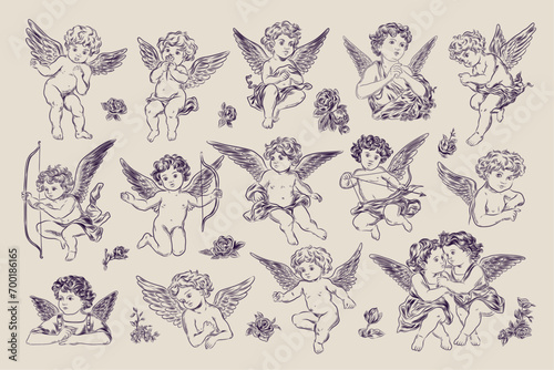 Vintage Valentine's day cupids or little angels collection. Engraving style retro set