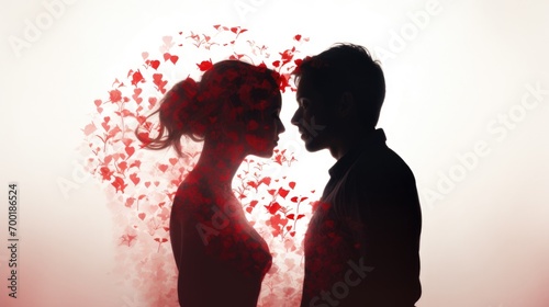 Silhouette of man and woman facing each other with red hearts floating around