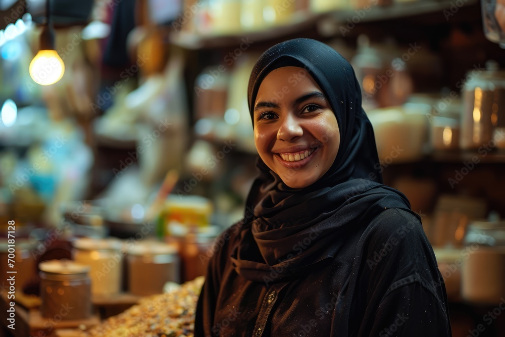 Portrait of happy arabic woman seller who is standing on his workplace in market,