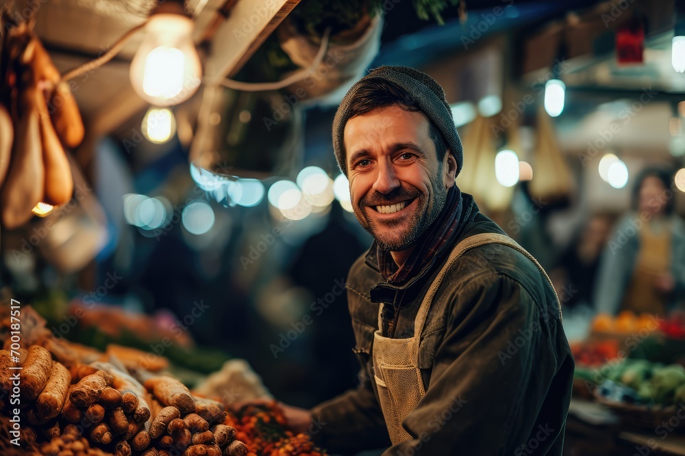 Portrait of happy european man seller who is standing on his workplace in market,