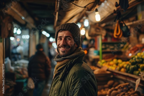 Portrait of happy european man seller who is standing on his workplace in market,