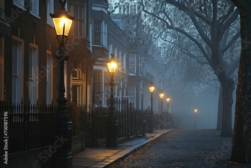 Foggy Victorian London street scene with historic architecture and gas lamps.