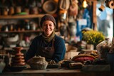 Portrait of happy european woman seller who is standing on his workplace in market, 