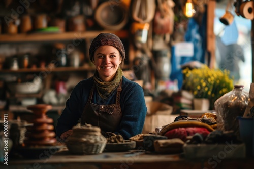 Portrait of happy european woman seller who is standing on his workplace in market,  photo