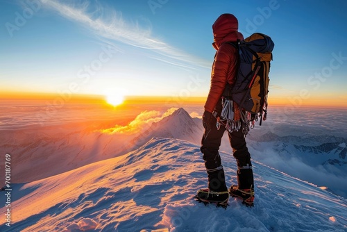 High-altitude hiker male model in technical climbing gear, on a snowy peak at sunrise