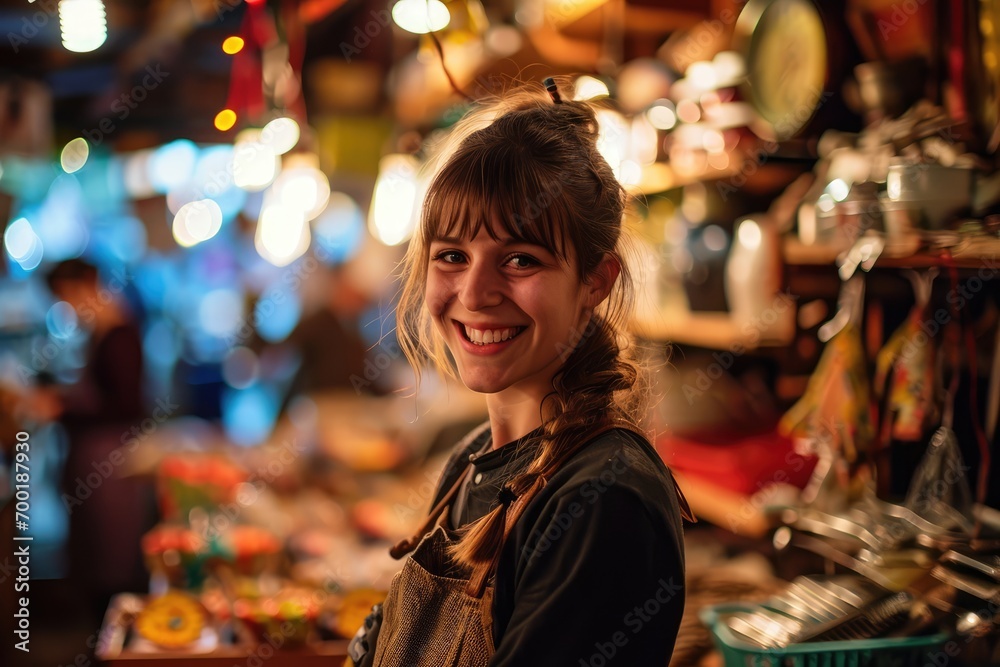 Portrait of happy european woman seller who is standing on his workplace in market, 