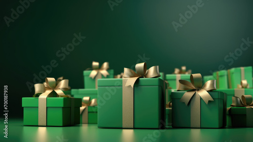 Festive green presents, shimmering gold bows, St. Patricks celebration