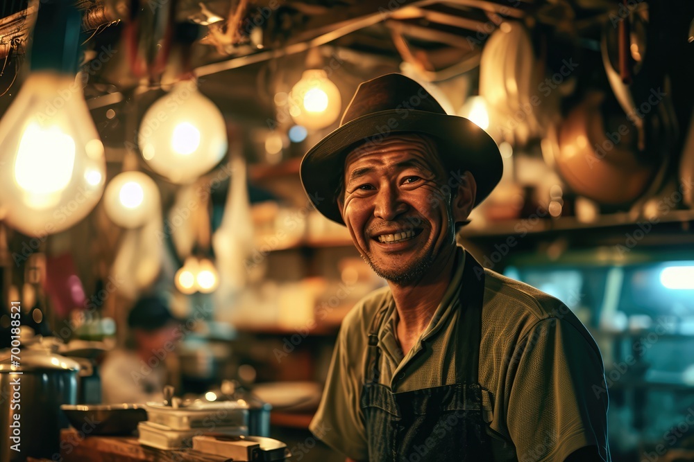 Portrait of happy japanese man seller who is standing on his workplace in market, Portrait of happy japanese man seller who is standing on his workplace in market,