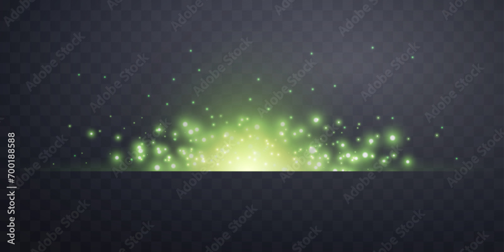 Green horizontal lensflare. Light flash with rays or green spotlight. Glow flare light effect. Vector illustration. Isolated on dark transparent background - obrazy, fototapety, plakaty 