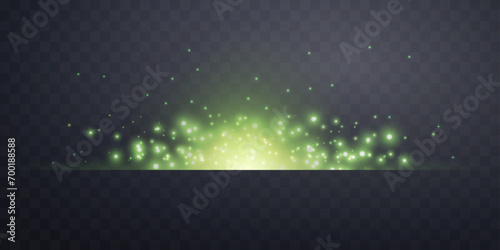 Green horizontal lensflare. Light flash with rays or green spotlight. Glow flare light effect. Vector illustration. Isolated on dark transparent background