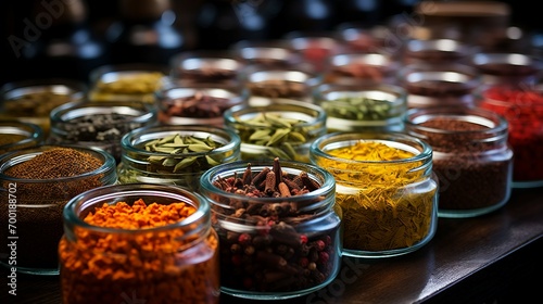 Aromatic spices and herbs close-up. AI generate illustration photo