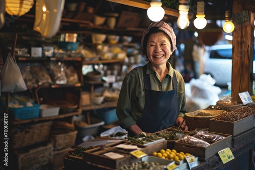 Portrait of happy japanese woman seller who is standing on his workplace in market,  photo