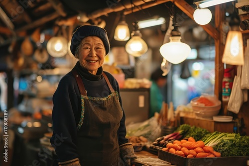 Portrait of happy japanese woman seller who is standing on his workplace in market, 
