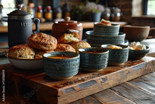 Tea and scones on a tray in...