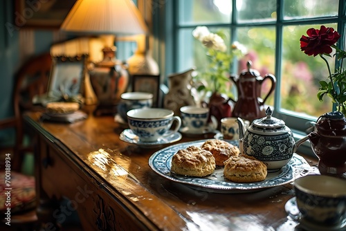 Tea and scones on a tray in...