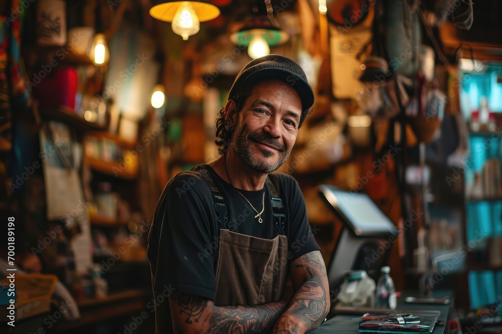 Portrait of happy man seller who is standing on his workplace in shop, 