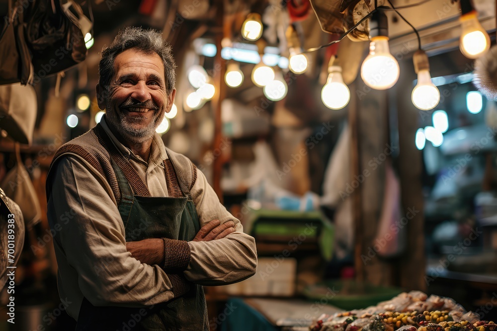 Portrait of happy man seller who is standing on his workplace in shop, 