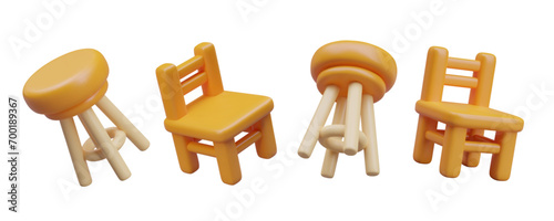 Set of furniture for bar, restaurant, cafeteria. Square chairs and round stools in different positions. Strong wooden models. Design with dynamic effect