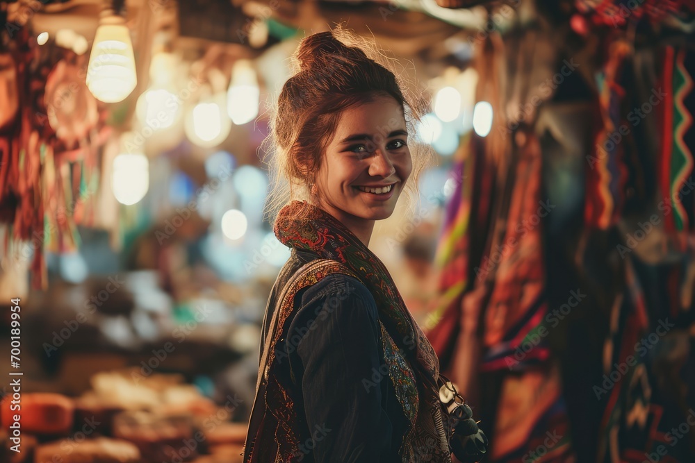 Portrait of happy woman seller who is standing on his workplace in shop, 
