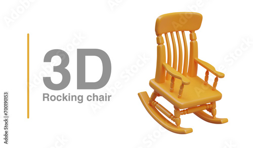 3D wooden swing armchair. Classic vintage furniture with filleted slats. Hard rocking chair with armrests. Isolated illustration on white background. Template for antique shop, woodworking production