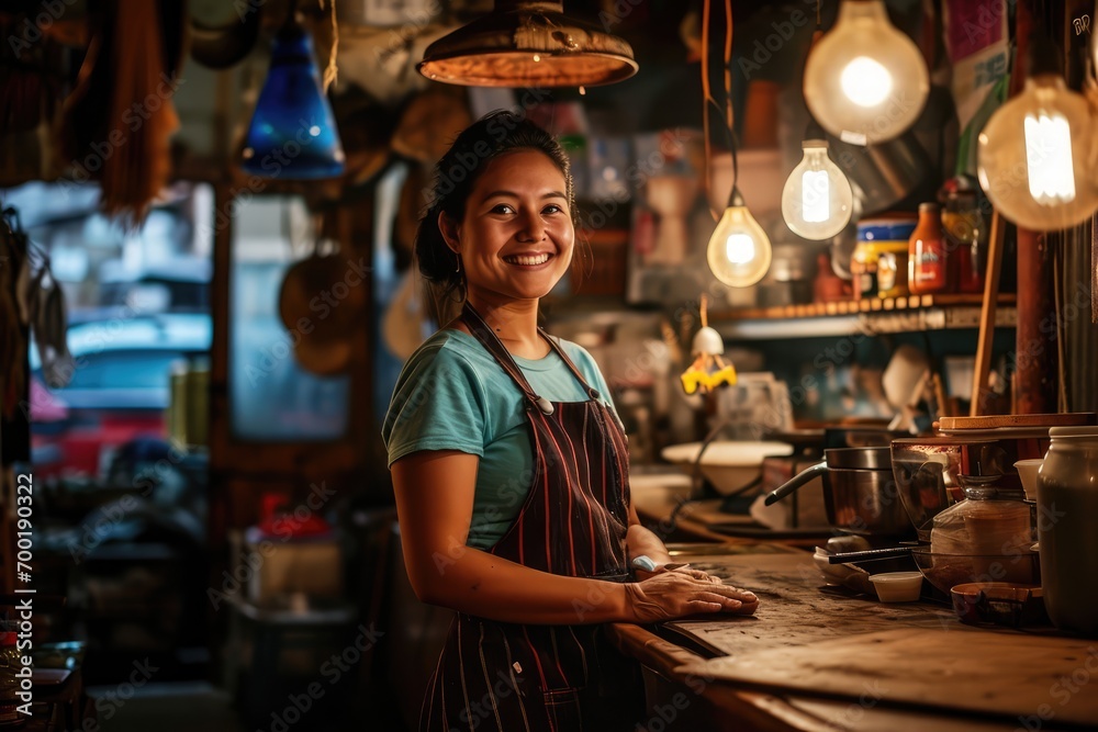 Portrait of happy woman seller who is standing on his workplace in shop, 