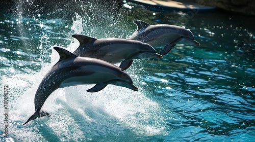 a group of dolphins jumping out of water photo