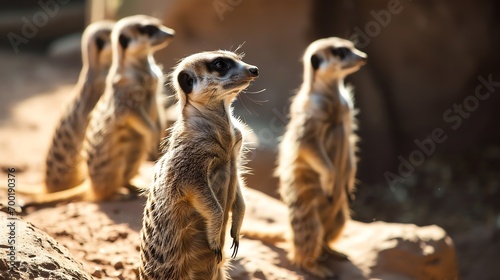 a group of meerkats standing on dirt © Dumitru