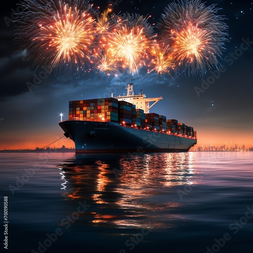 a large ship with containers on the water with fireworks above #700190588
