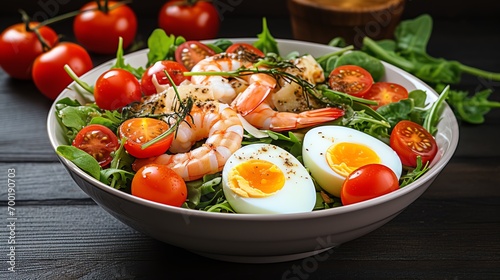 a bowl of salad with shrimp eggs and tomatoes